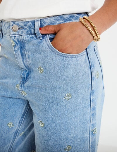 Jean wide leg taille haute brod&eacute; bleu femme