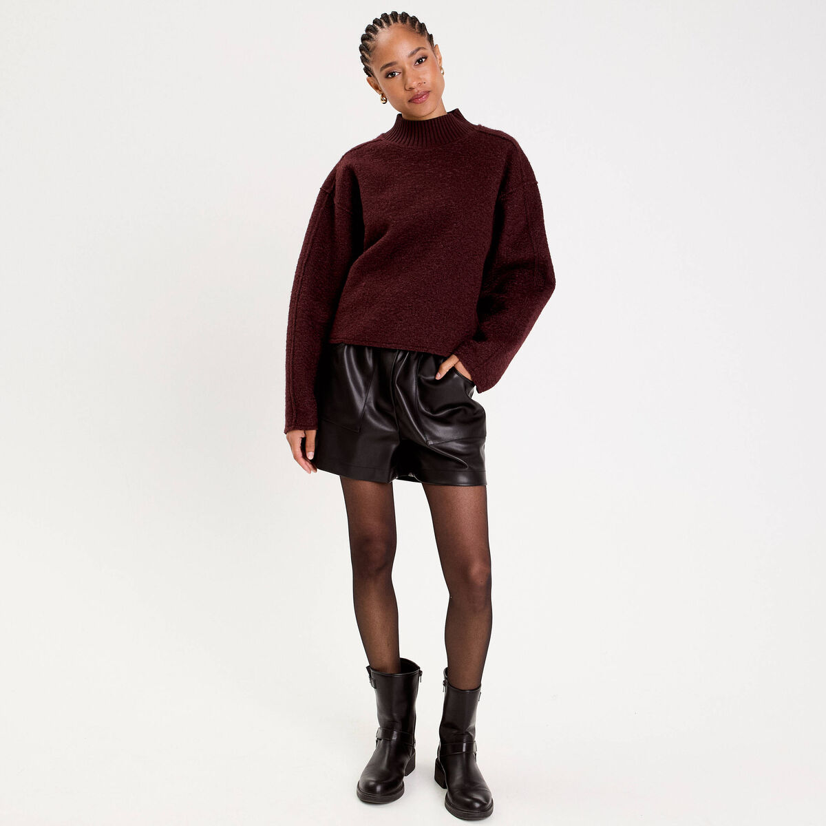 Sweat col montant rouge fonc&eacute; femme