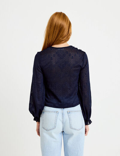 Blouse ajust&eacute;e col v dentelle pliss&eacute;e bleu marine femme