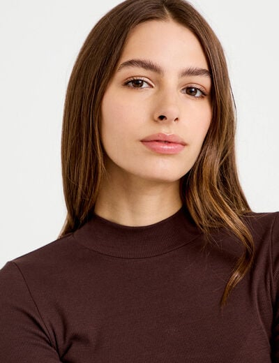 T-shirt ajust&eacute; manches longues marron fonc&eacute; femme