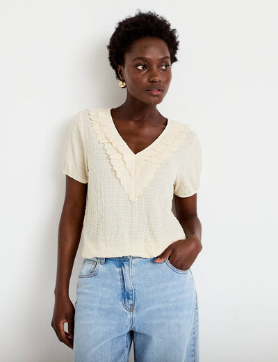 Blouse pliss&eacute;e col v manches courtes ecru femme