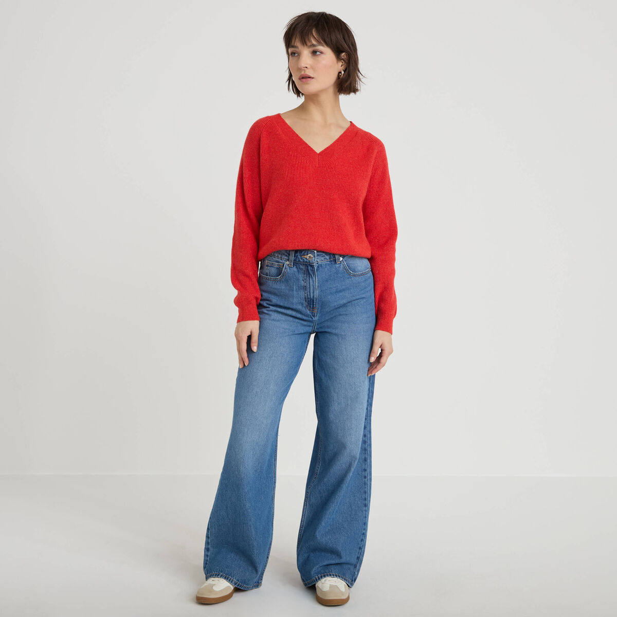 Pull fin col v rouge femme