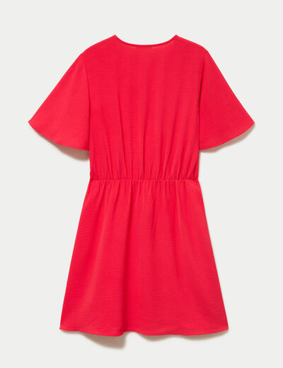 Robe courte &eacute;vas&eacute;e col v manches courtes rouge femme