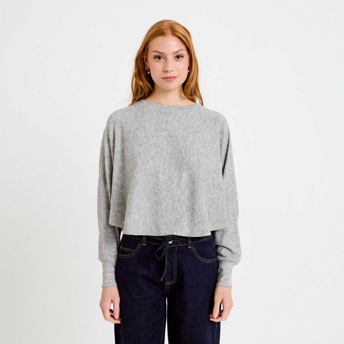 Cape boyfriend cropped col rond gris clair femme