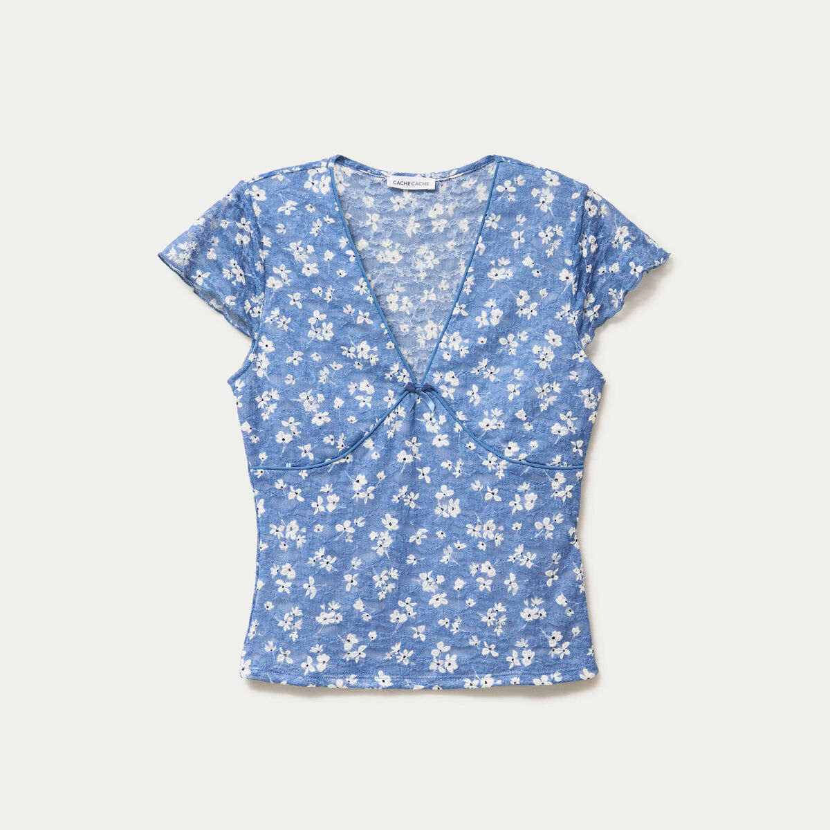 T-shirt ajust&eacute; court d&eacute;collet&eacute; dentelle bleu femme