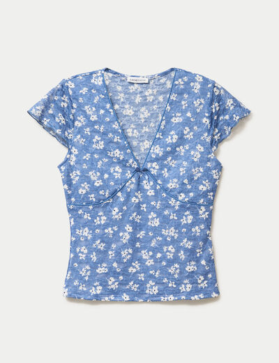 T-shirt ajust&eacute; court d&eacute;collet&eacute; dentelle bleu femme