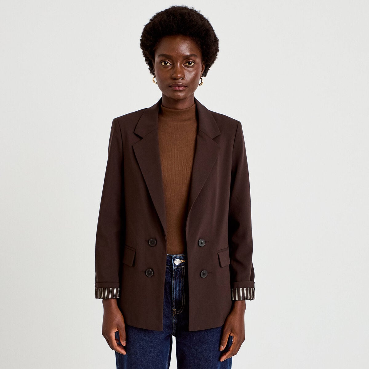 Blazer ajust&eacute; manches longues marron fonc&eacute; femme