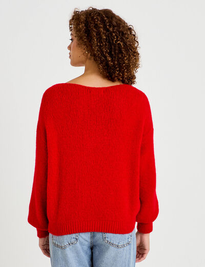 Pull ample col bateau manches longues rouge femme