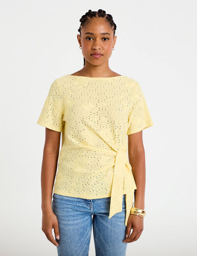 Blouse col v manches courtes jaune clair femme
