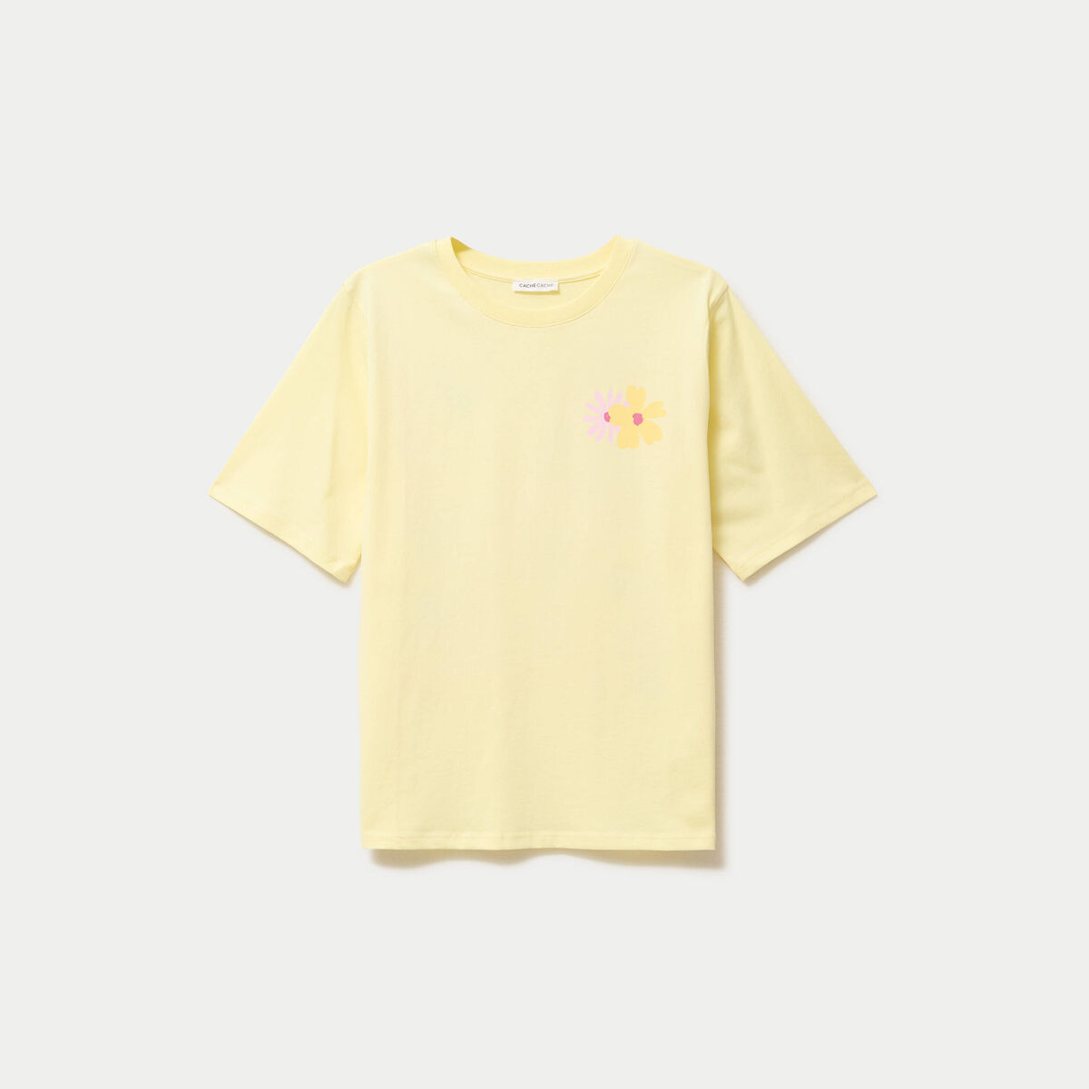 T-shirt col rond manches courtes jaune clair femme