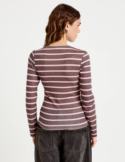 T-shirt ajust&eacute; col rond manches longues marron fonc&eacute; femme
