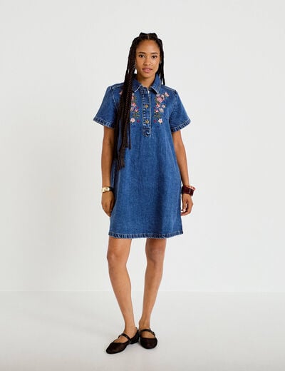 Robe droite courte en jean col chemise denim stone femme