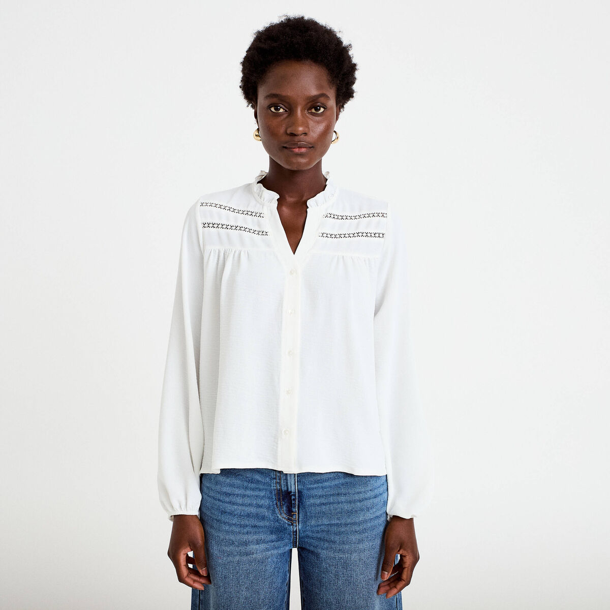 Blouse droite col mao manches longues ecru femme