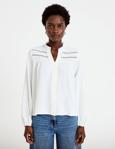 Blouse droite col mao manches longues ecru femme