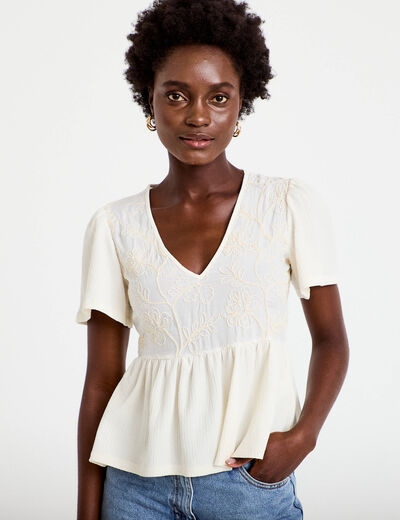 Blouse cintr&eacute;e col v manches courtes ecru femme