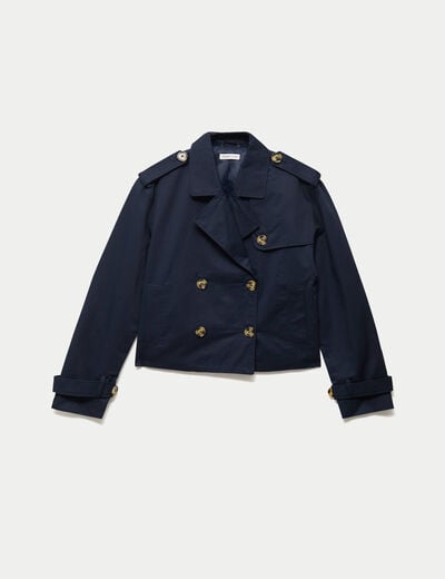 Trench droit court col tailleur bleu marine femme