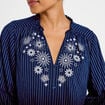 Blouse ample broderie manches 3/4 bleu femme