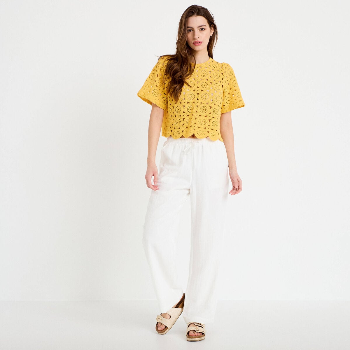 Pantalon large fluide taille &eacute;lastiqu&eacute;e ecru femme