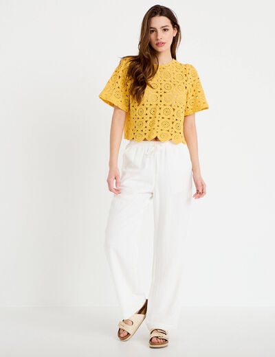 Pantalon large fluide taille &eacute;lastiqu&eacute;e ecru femme