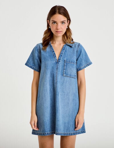 Robe trap&egrave;ze courte en jean col chemise denim double stone femme