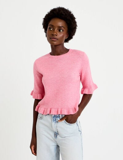 Pull col rond manches courtes rose clair femme