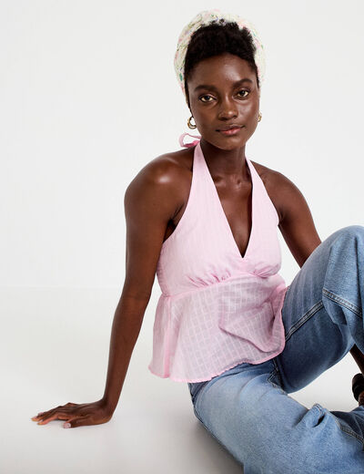 Top ajust&eacute; col v fines bretelles rose clair femme