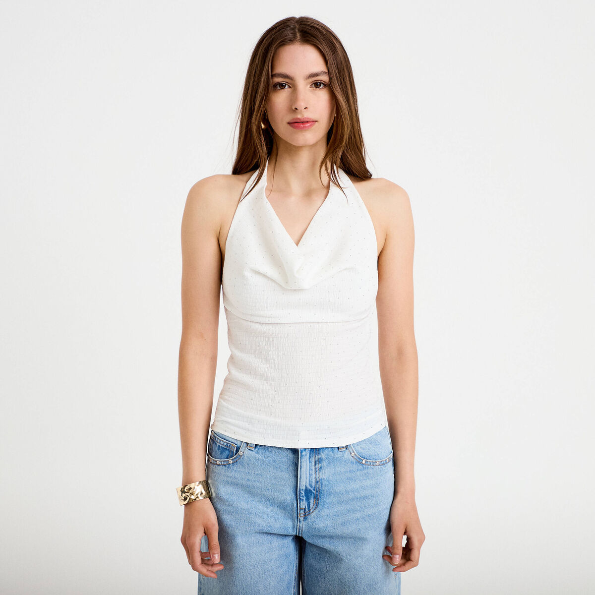Top ajust&eacute; sans manches col b&eacute;nitier ecru femme