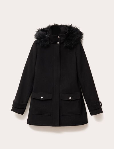 Manteau mi-long &agrave; capuche noir femme