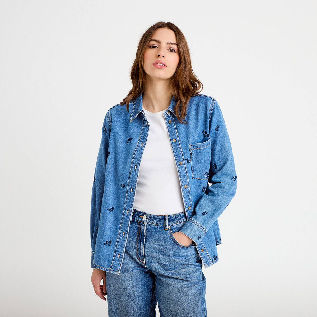 Chemise droite courte manches longues bleu femme