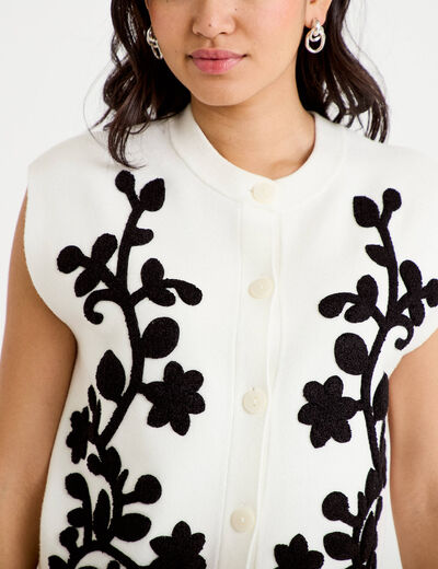 Gilet sans manches brod&eacute; col rond ecru femme