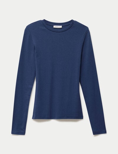 T-shirt cintr&eacute; col rond manches longues bleu fonc&eacute; femme
