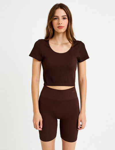 Crop top sans couture col rond marron fonc&eacute; femme