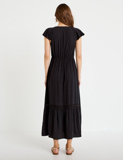 Robe longue &eacute;vas&eacute;e col v manches courtes noir femme