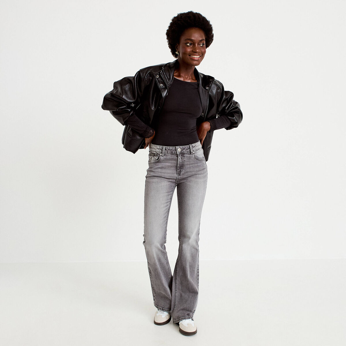 Jean bootcut taille basse denim gris femme