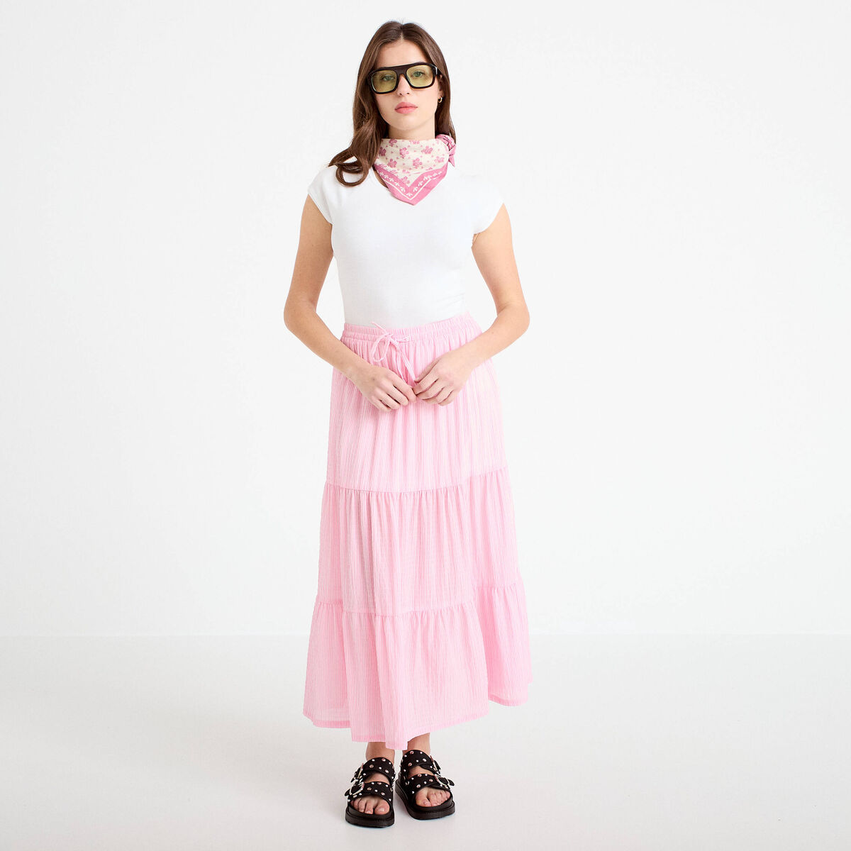 Jupe longue trap&egrave;ze rose clair femme