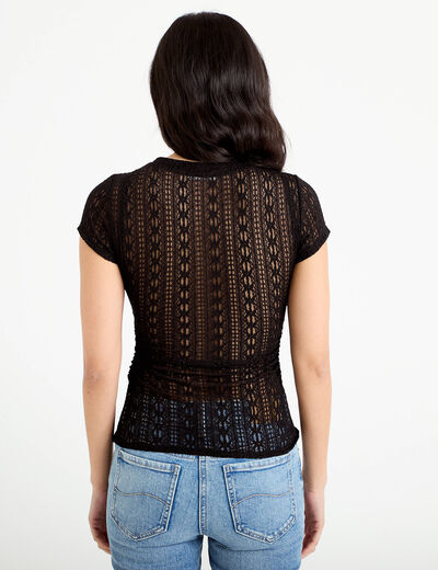 Top en dentelle col rond manches courtes noir femme