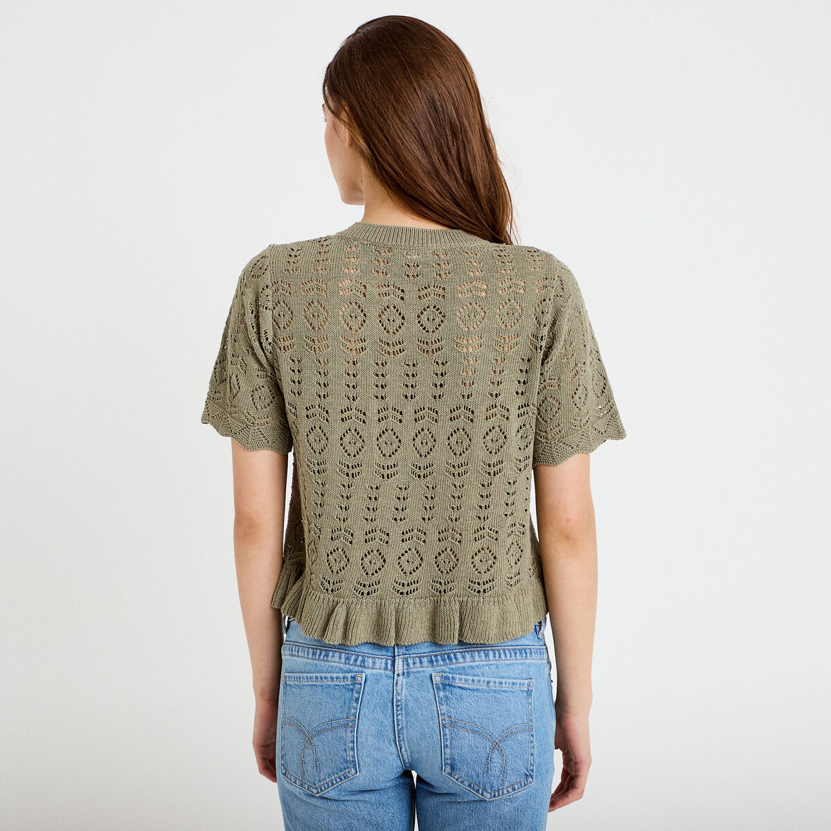 Gilet ajour&eacute; manches courtes col rond vert kaki femme
