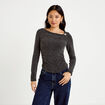 Top cintr&eacute; col bateau manches longues gris fonc&eacute; femme