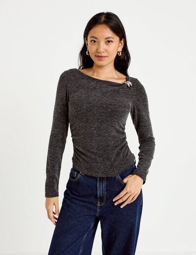 Top cintr&eacute; col bateau manches longues gris fonc&eacute; femme