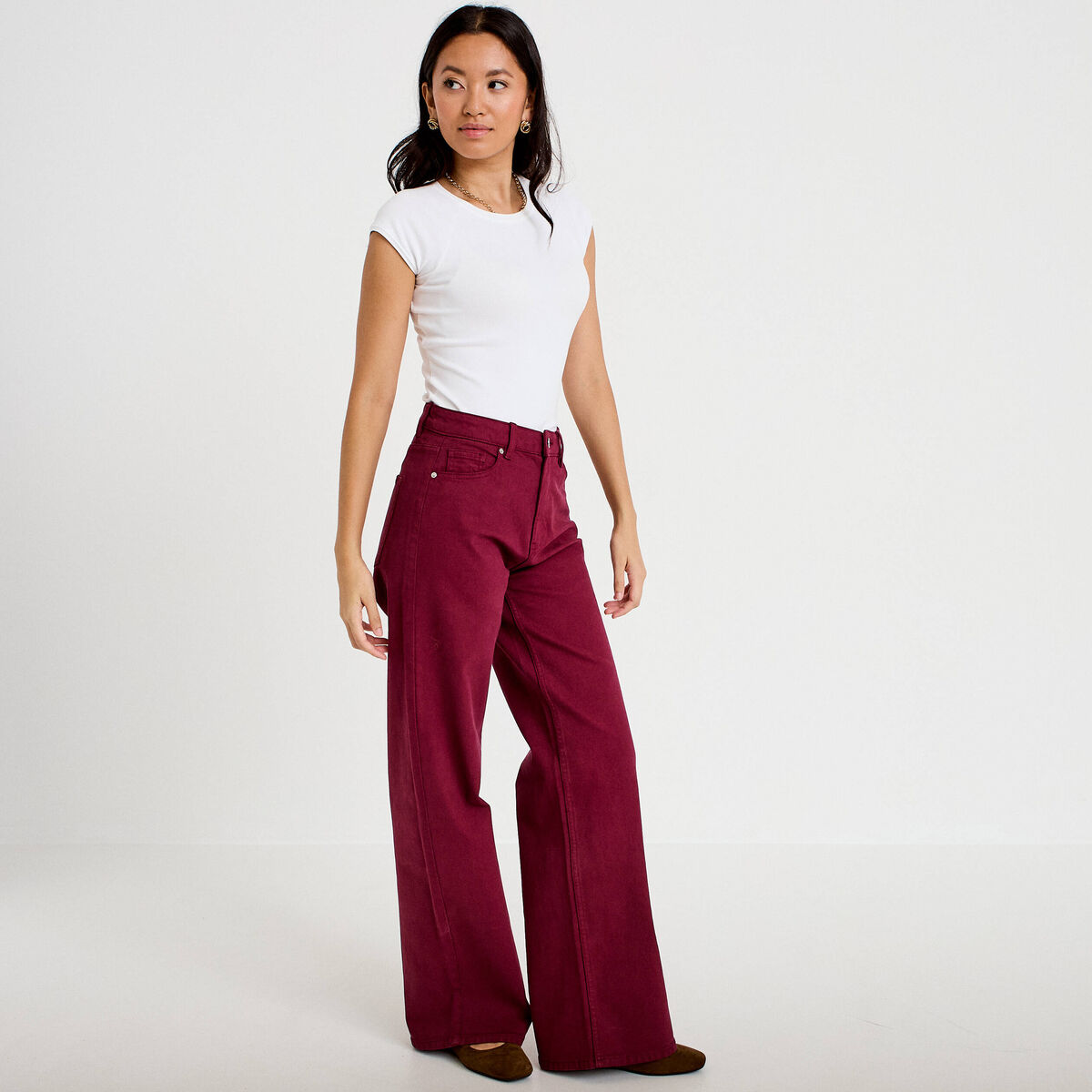 Jean wide leg taille haute bordeaux femme