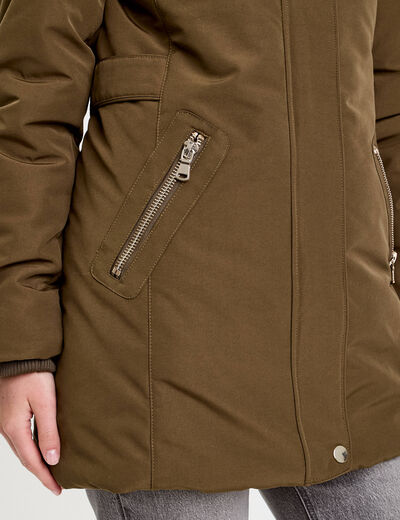 Parka &agrave; capuche fausse fourrure vert kaki femme