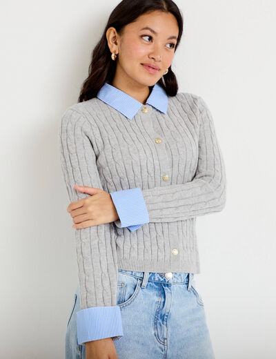 Gilet col chemise manches longues gris clair femme