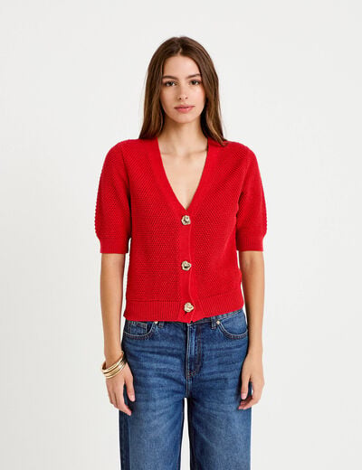 Gilet col v manches courtes rouge femme