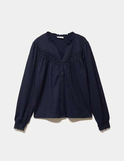 Blouse maille relief&eacute;e bleu marine femme