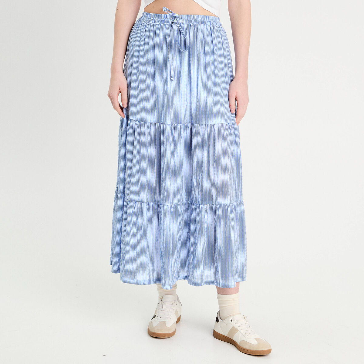 Jupe longue trap&egrave;ze bleu clair femme