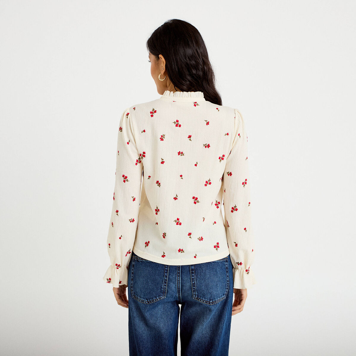 Chemise droite broderie manches longues ecru femme