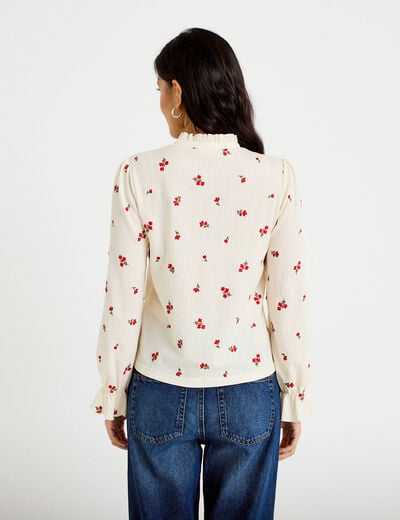Chemise droite broderie manches longues ecru femme