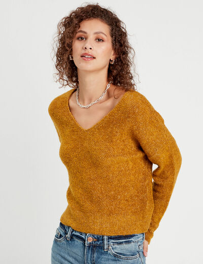 Pull manches longues col en V camel femme