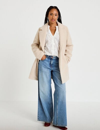 Blouse droite col rond manches longues ecru femme