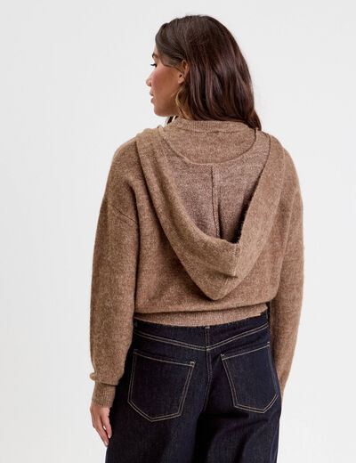 Pull &agrave; capuche manches longues marron clair femme